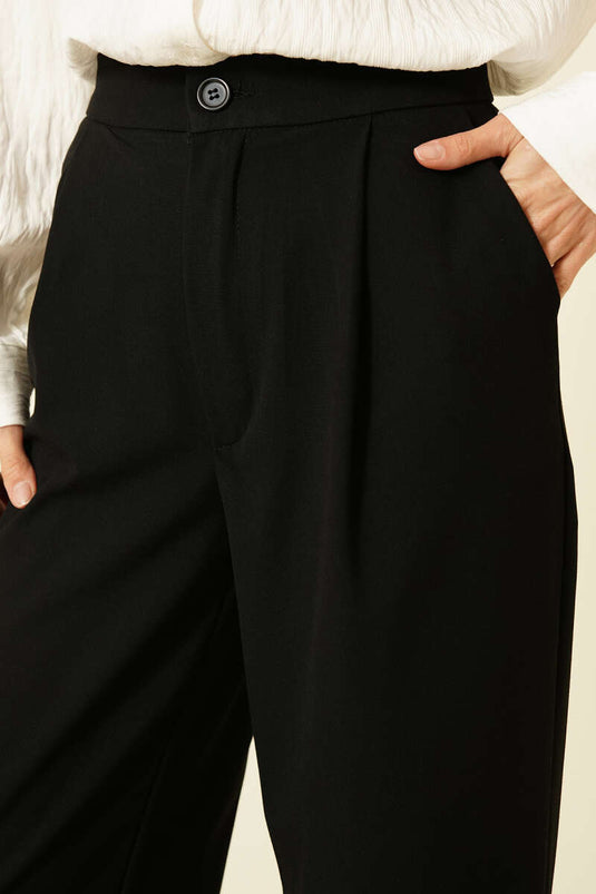 Single-Pleated Buttoned Fabric Trousers Black