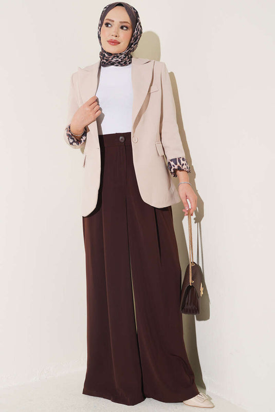Solid Brown Pleated Palazzo Pants