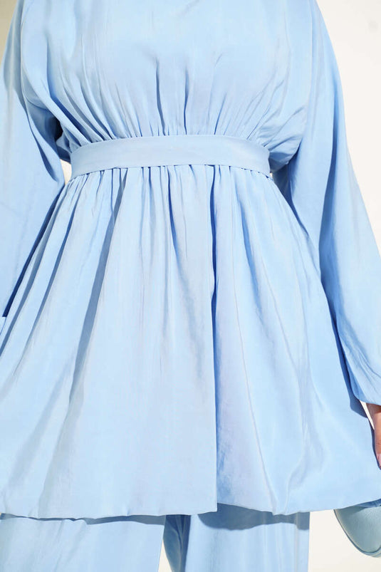 Tencel Elastic Waist Two Piece Set Blue