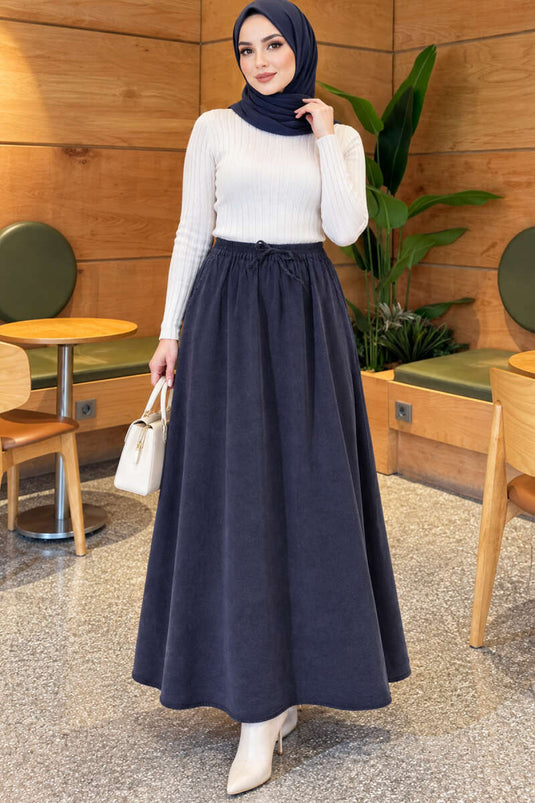 Navy Blue Tencel Skirt With Pockets