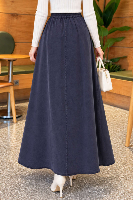 Navy Blue Tencel Skirt With Pockets