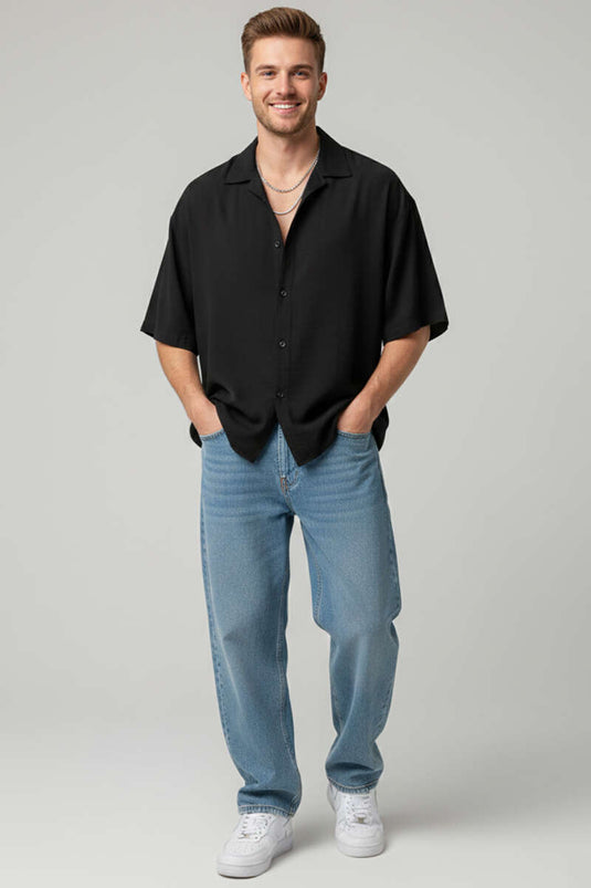 قميص رجالي أسود بأكمام قصيرة من تينسل