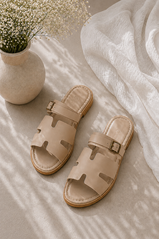 Beige Double Strap Sandals With Tie Detail