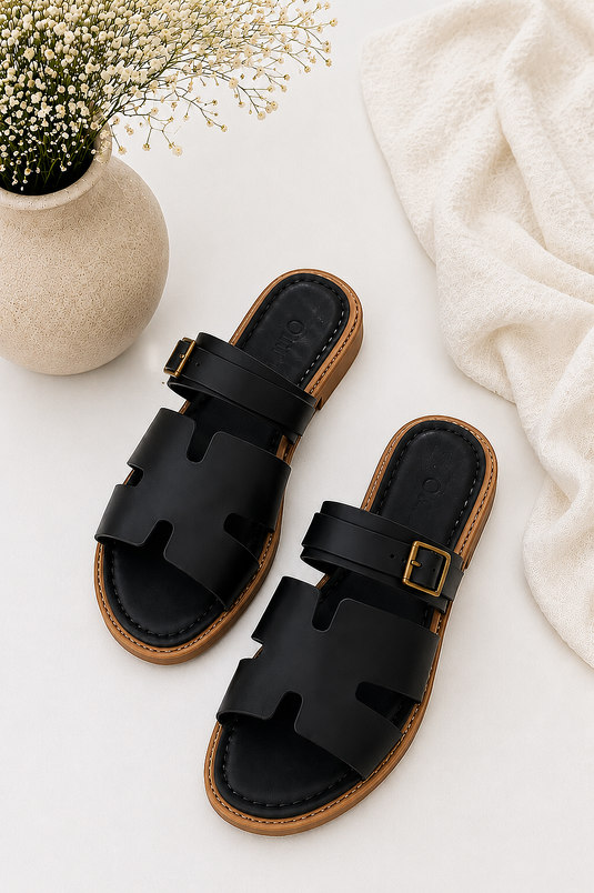 Black Double Strap Toe Detail Sandals