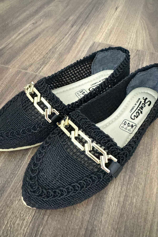 Buckle Detailed Straw Ballerinas Black