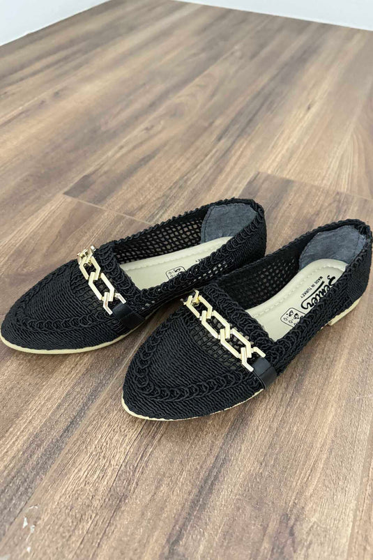 Buckle Detailed Straw Ballerinas Black
