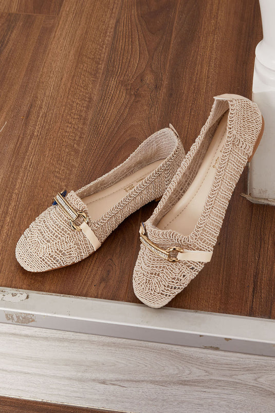 Buckle Detailed Knitted Ballerinas Beige