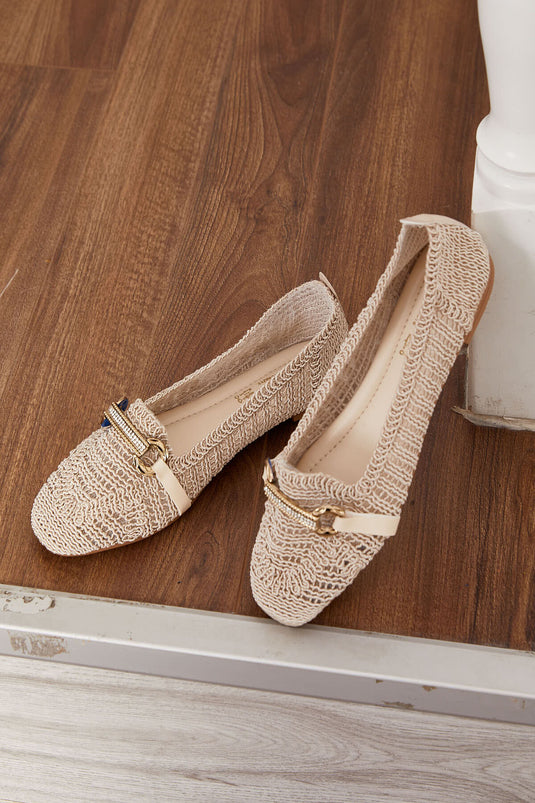 Buckle Detailed Knitted Ballerinas Beige