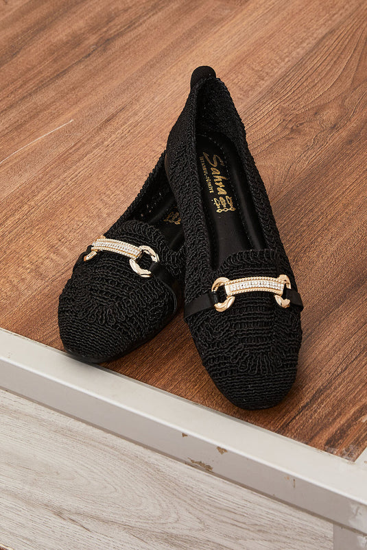 Buckle Detailed Knitted Ballerinas Black