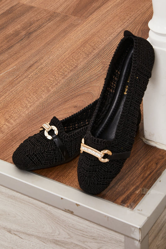 Buckle Detailed Knitted Ballerinas Black