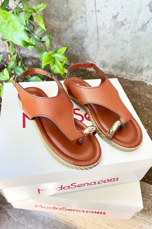 Buckle Detailed Flip Flop Sandals in Tan