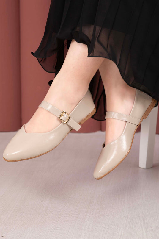 Mary Jane Flat Shoe with Buckle Strap Detail Beige