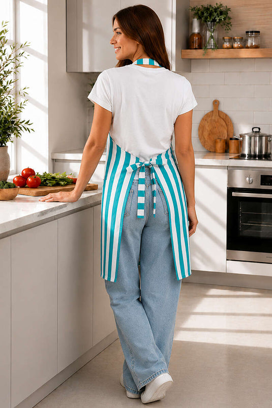Tablier de cuisine rayé à boucle turquoise