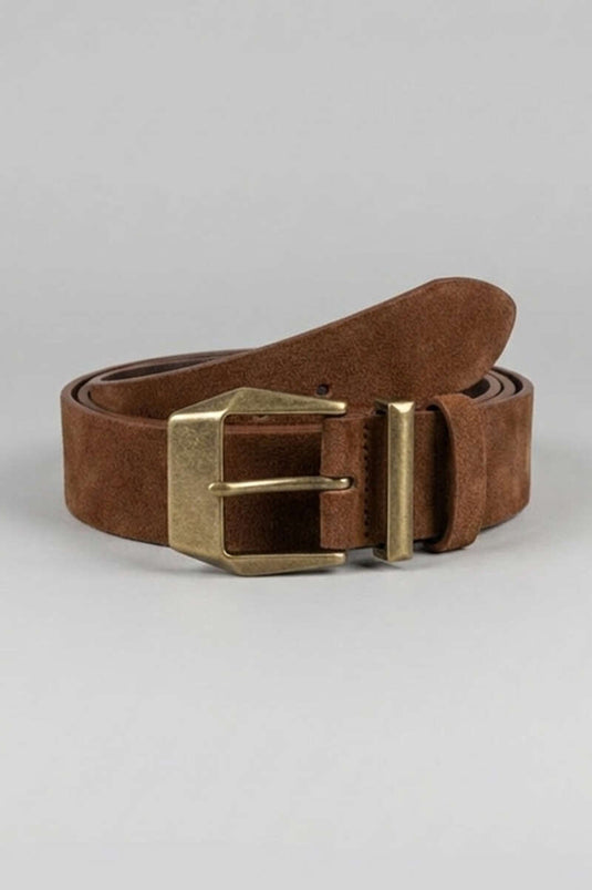 Thick Suede Belt with Buckle, Cognac