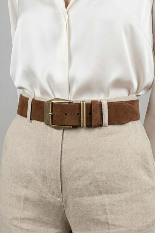 Thick Suede Belt with Buckle, Cognac