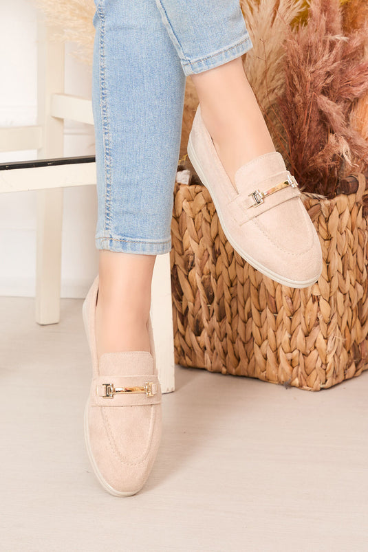 Buckled Suede Loafers Beige
