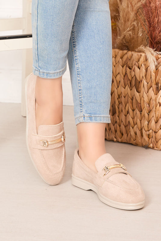 Buckled Suede Loafers Beige