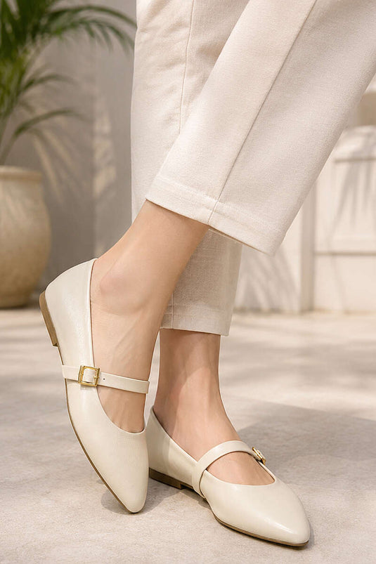 Chaussures Plates À Boucle Beige À Bride Unique