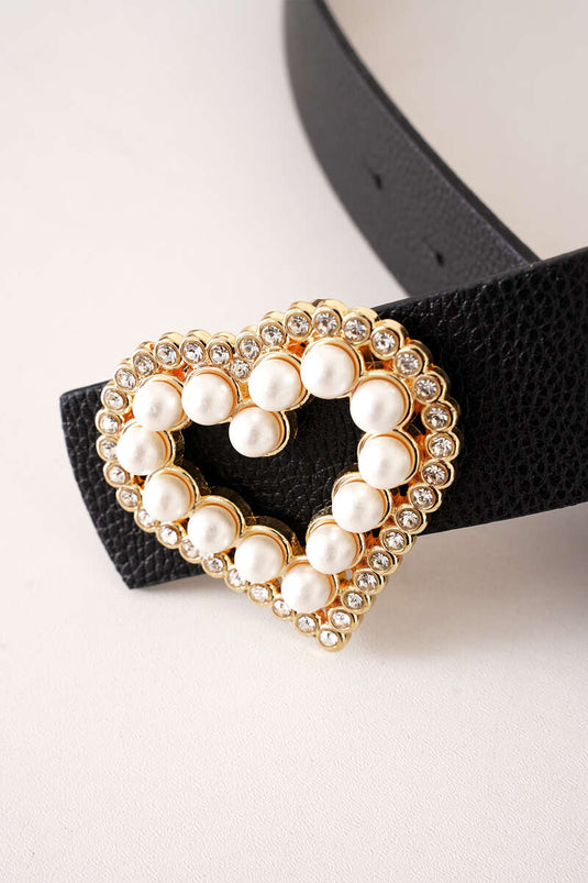 Boucle de ceinture noire en forme de cœur avec perle