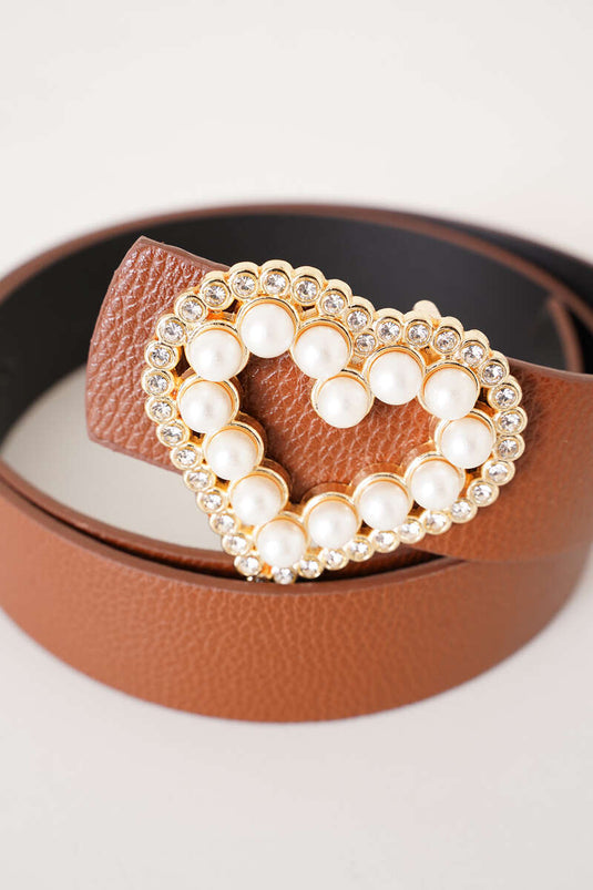 حزام مشبك لؤلؤ القلب باللون البني