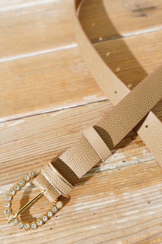 Cintura Beige con Fibbia Ovale con Diamanti