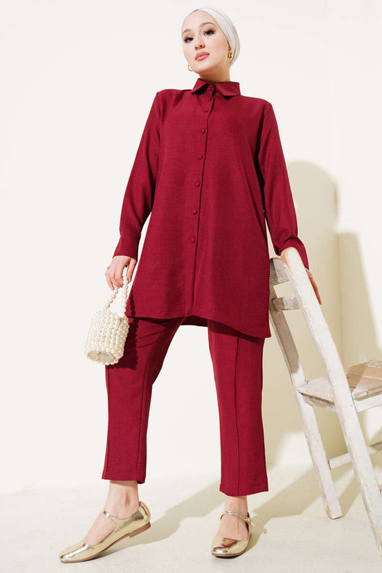 Linen Two Piece Suit with Top Buttons Claret Red