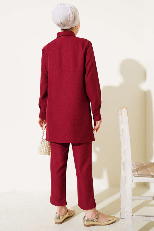 Linen Two Piece Suit with Top Buttons Claret Red