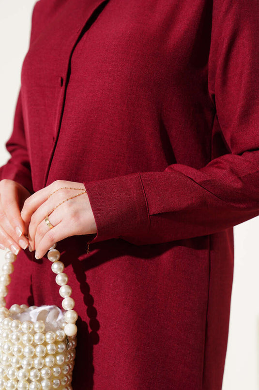 Linen Two Piece Suit with Top Buttons Claret Red