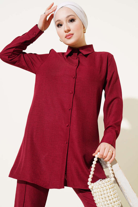 Linen Two Piece Suit with Top Buttons Claret Red