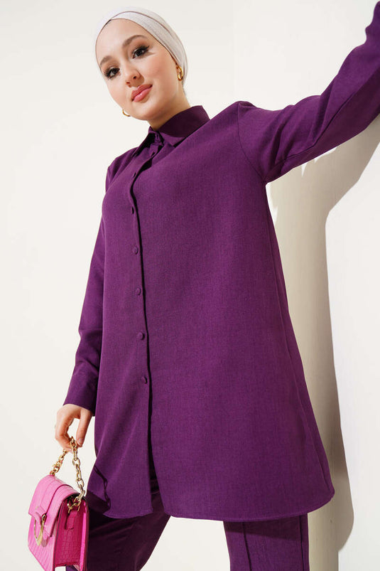 Ensemble deux pièces en lin violet à boutons boule