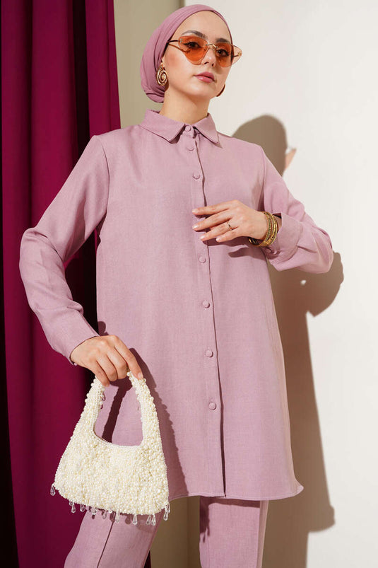 Costume deux pièces en lin avec boutons sur le dessus Poudre