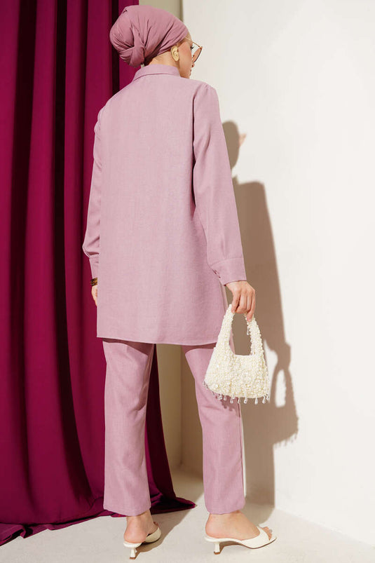 Costume deux pièces en lin avec boutons sur le dessus Poudre