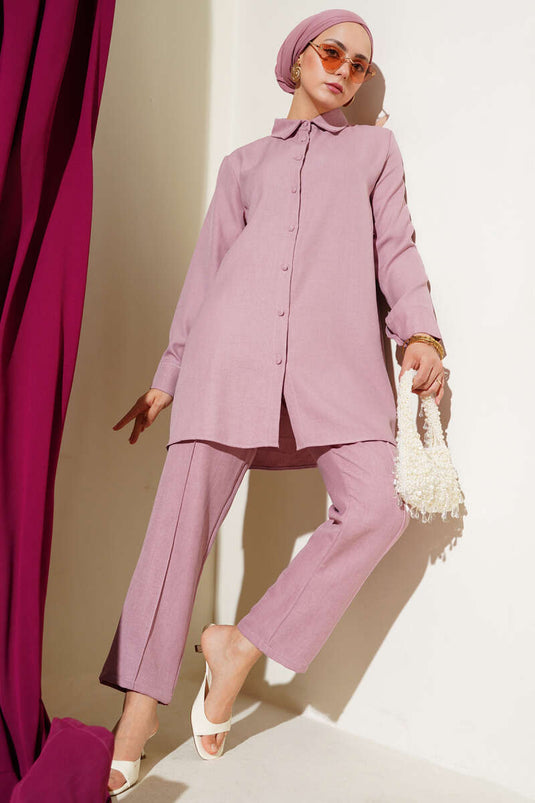 Costume deux pièces en lin avec boutons sur le dessus Poudre