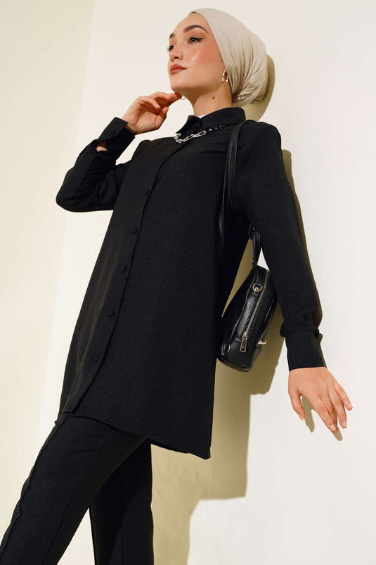 Linen Two Piece Suit with Top Buttons Black