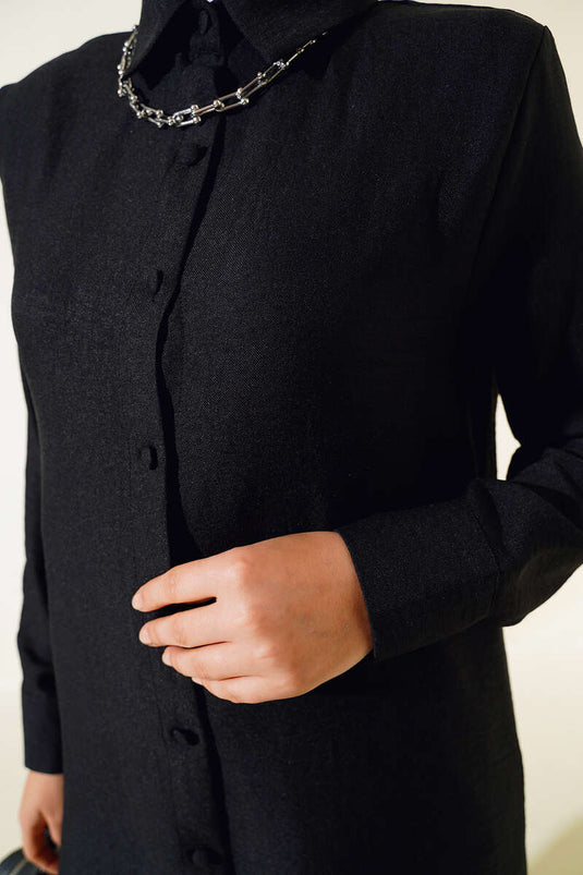 Linen Two Piece Suit with Top Buttons Black