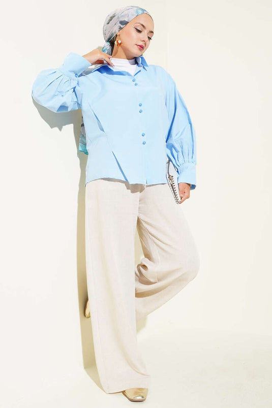 Button-down, darted shirt, blue.