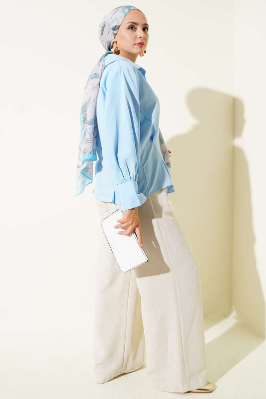 Button-down, darted shirt, blue.