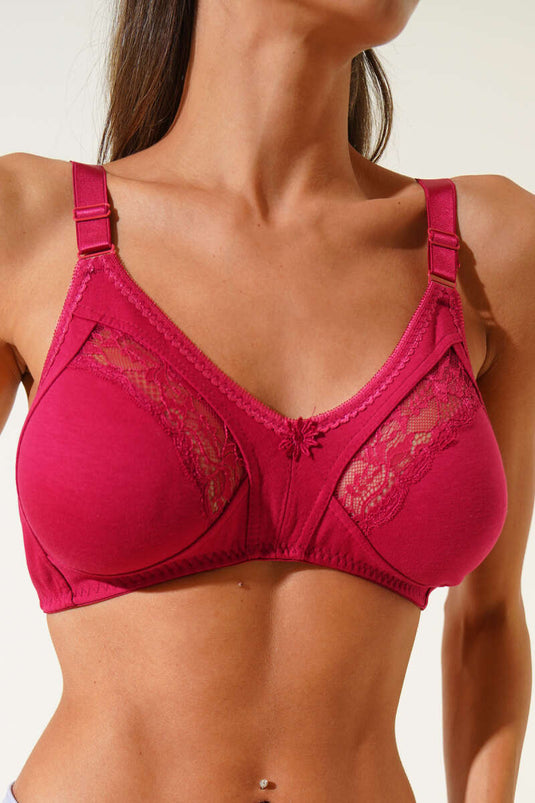 Gathering Combed Cotton Lace Bra Burgundy