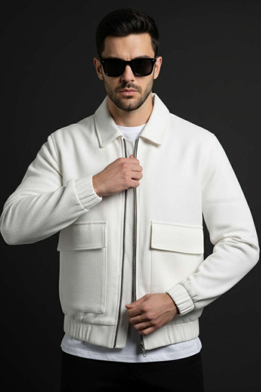 Men's Gabardine Jacket with Patch Pockets, Ecru