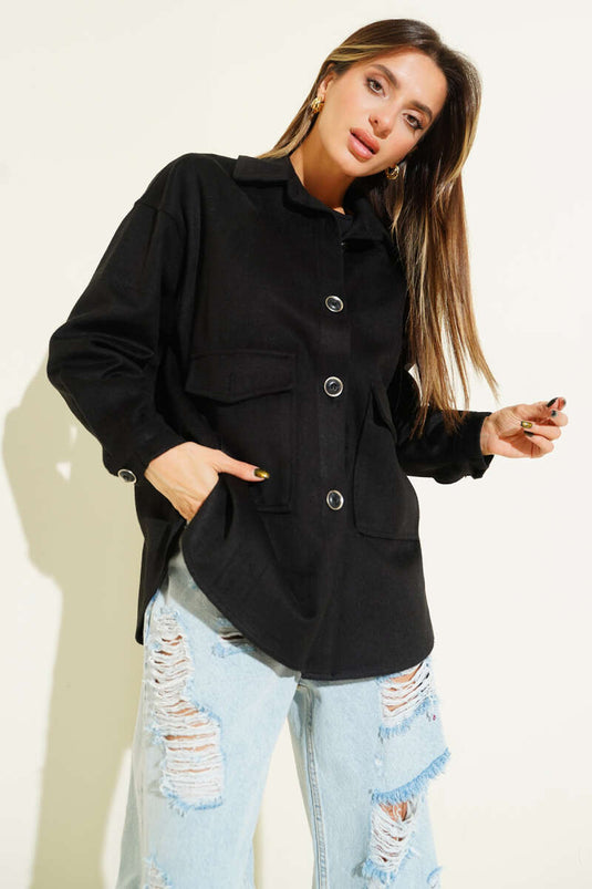 Schwarze Kaschmirjacke mit aufgesetzten Taschen