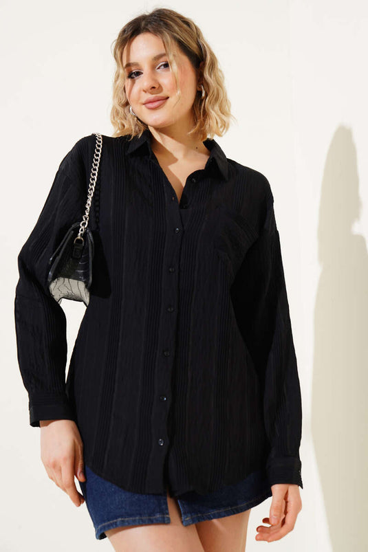 Chemise décontractée noire à rayures transparentes et poches