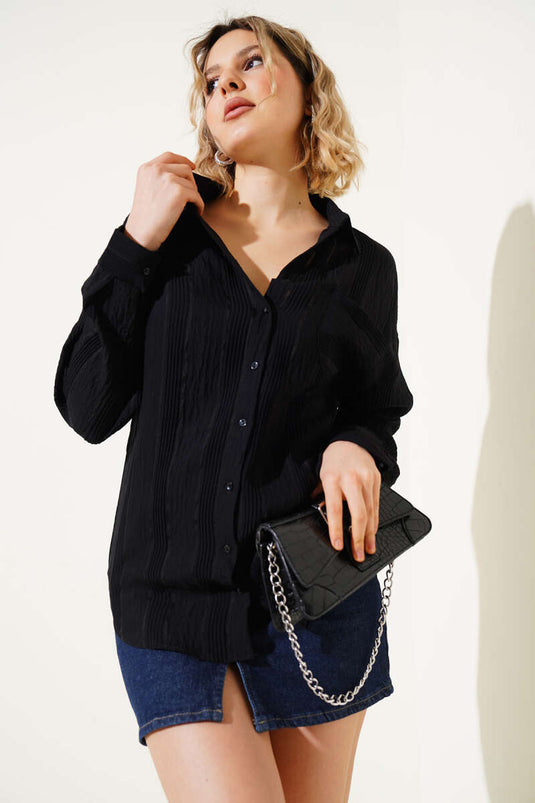 Transparent Striped Pocket Casual Shirt Black