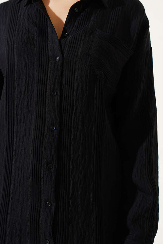 Transparent Striped Pocket Casual Shirt Black