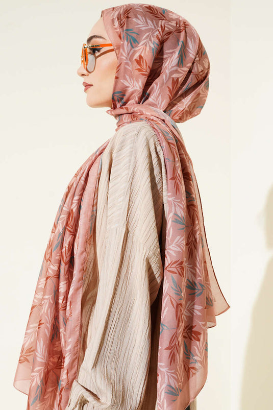 Tropisch bladpatroon sjaal in mokkakleur