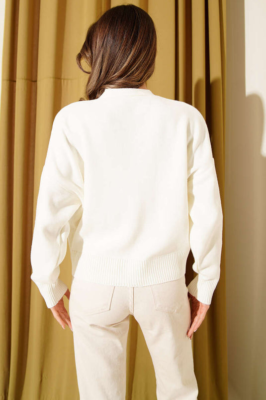 Tulle Flower Buttoned Knit Short Cardigan, Ecru Khaki