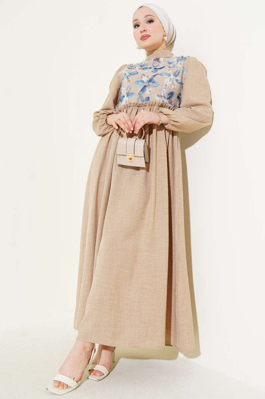 Tül Çiçekli Elbise Vizon