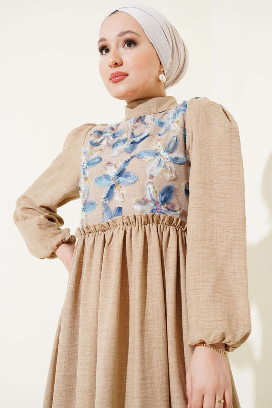 Tül Çiçekli Elbise Vizon