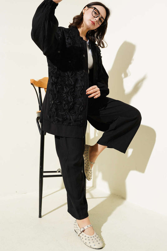 Ensemble deux pièces zippé en tulle fleuri noir