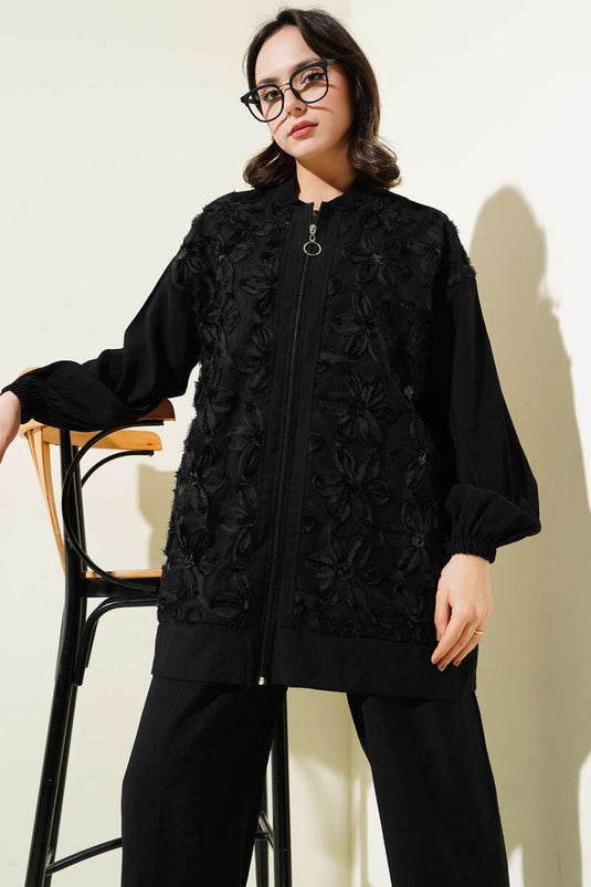 Tulle floreale con cerniera due pezzi set nero