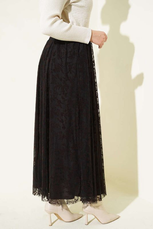 Jupe ceinturée à fleurs en tulle marron